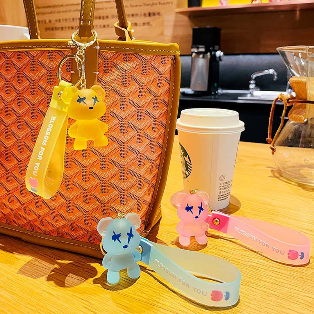 Frosted Resin Bear Keychain with Strap and Hook