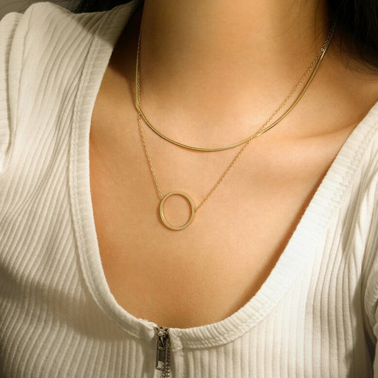 Eternity Circle Layered Necklace with thin Snake chain