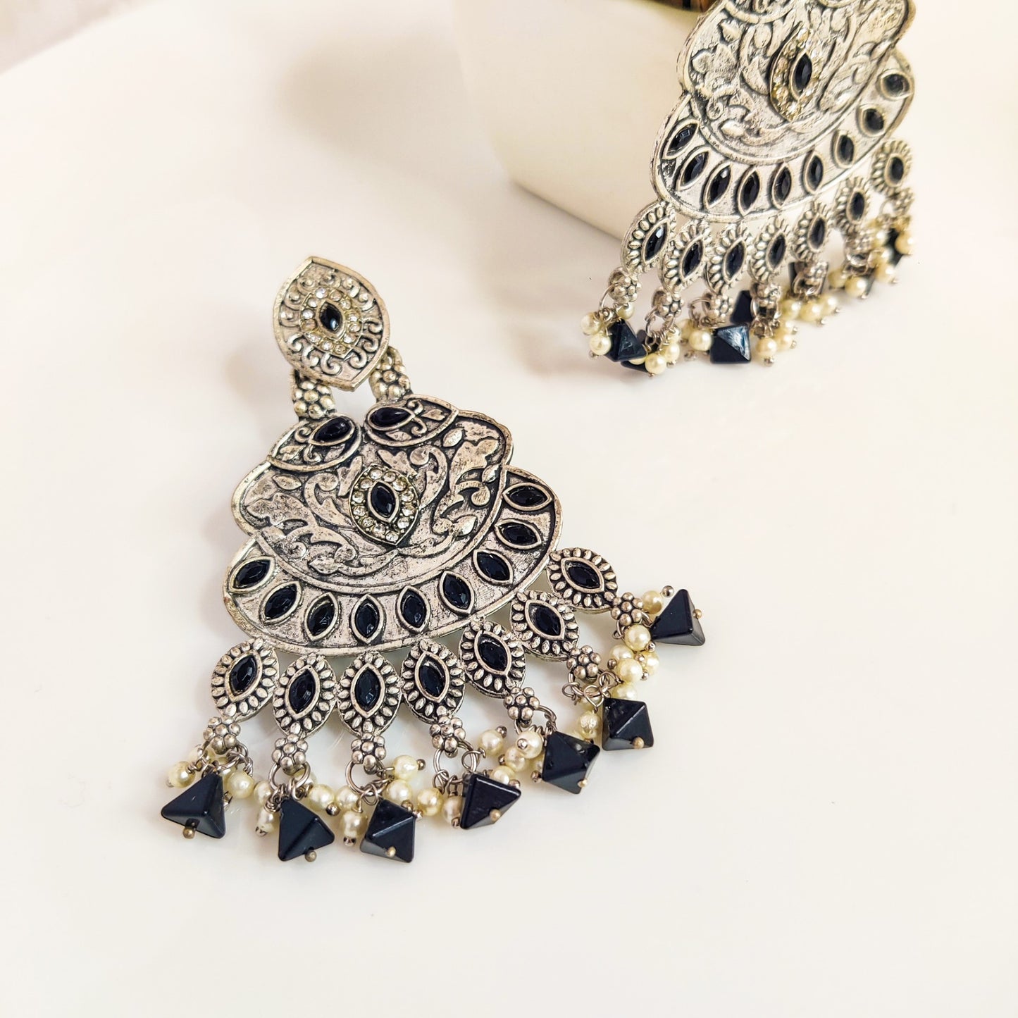 Elegant Chandelier Silver Oxidized Earrings (Black)