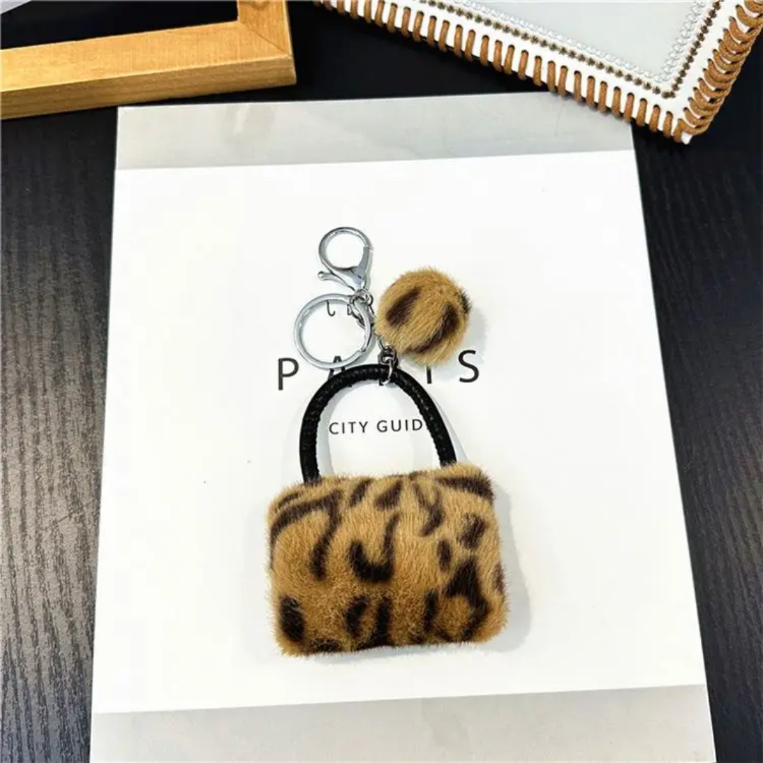 Leopard Print Plush Bag Keychain β Cute Fluffy Purse Charm