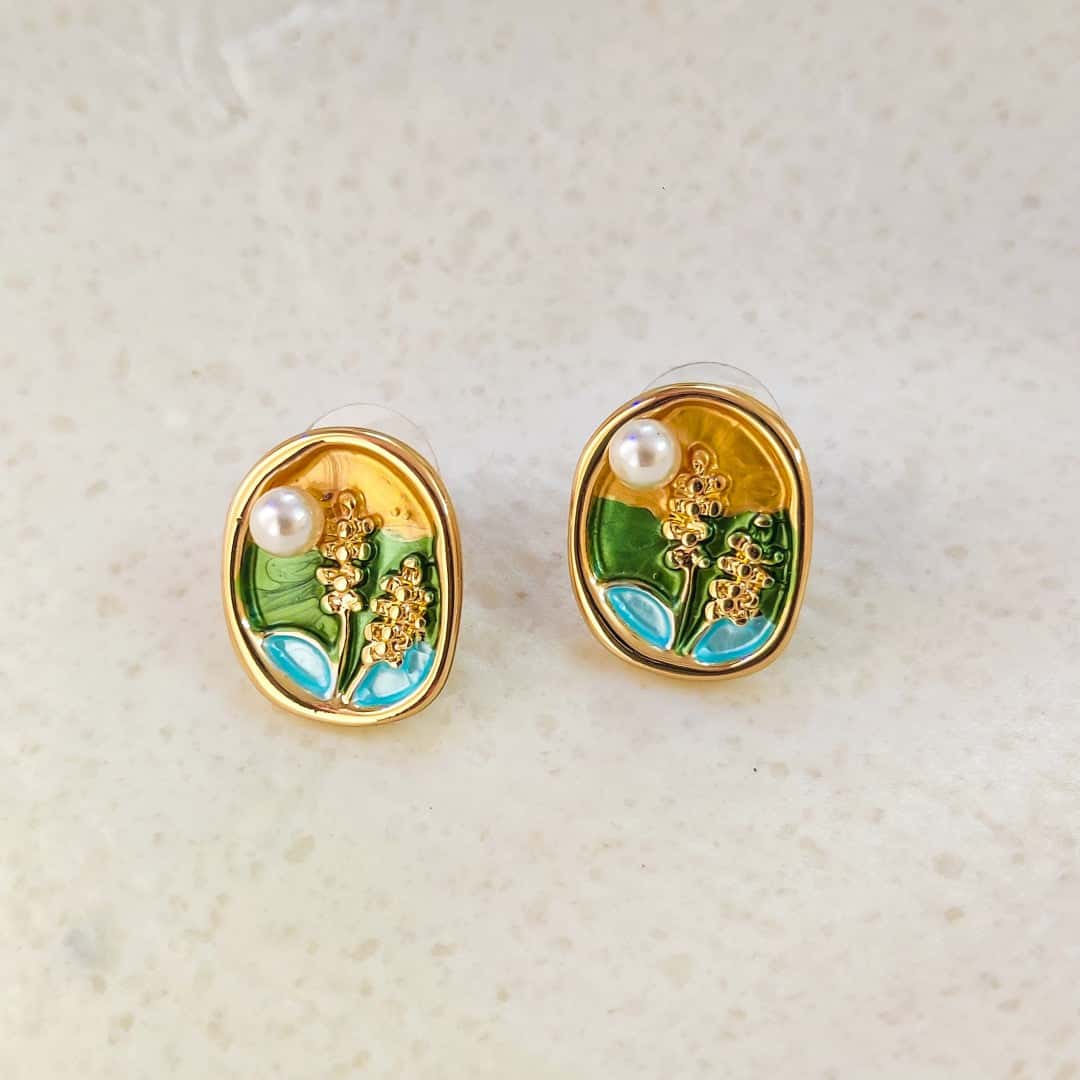 Meadow Field Enamel Art Floral Stud Earrings