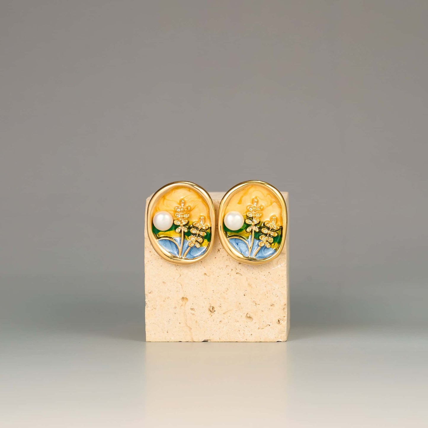 Meadow Field Enamel Art Floral Stud Earrings