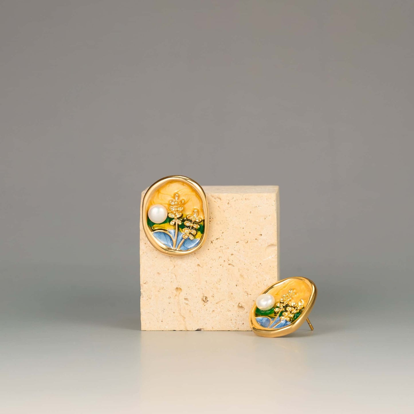 Meadow Field Enamel Art Floral Stud Earrings