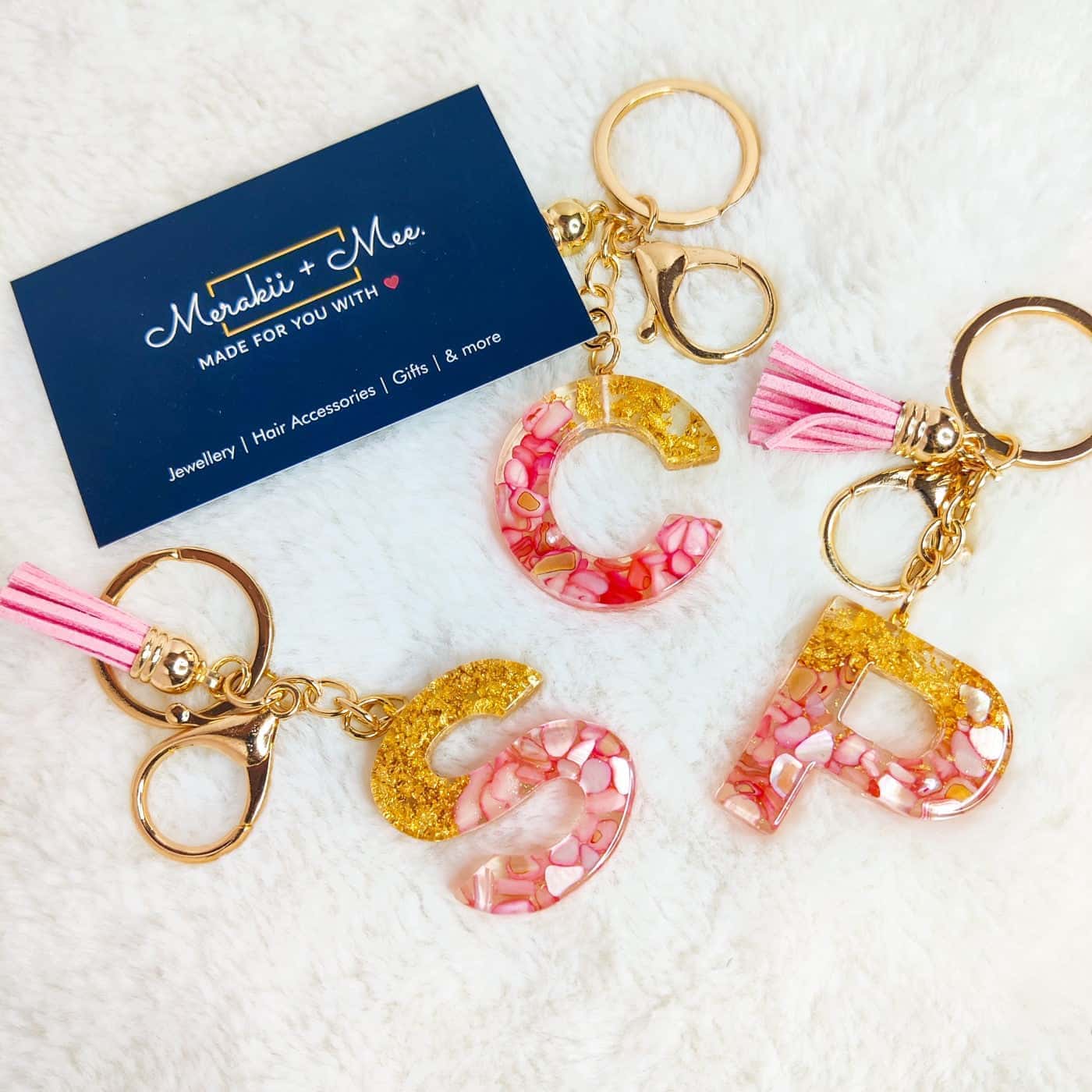 Premium Resin Art Initial Letter Keychains with Hook and Tassel (Pink)