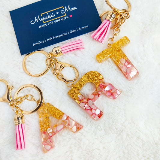 Premium Resin Art Initial Letter Keychains with Hook and Tassel (Pink)