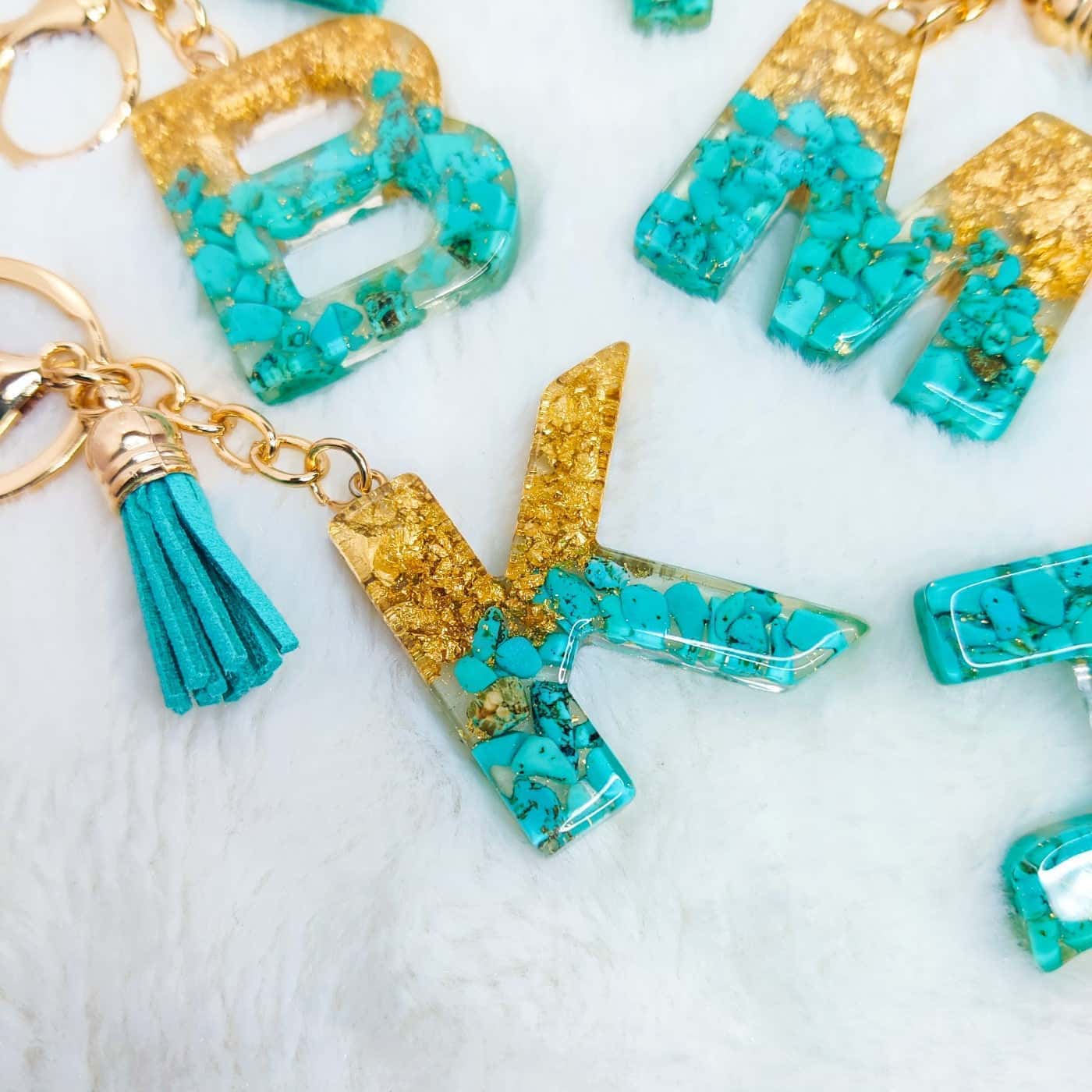 Premium Resin Art Initial Letter Keychains with Hook and Tassel