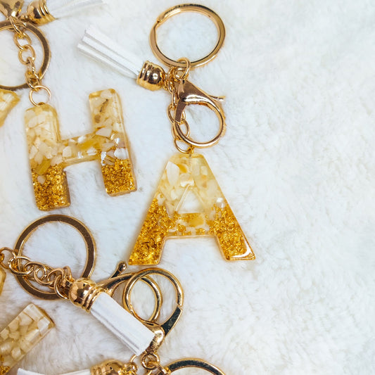 Premium Resin Art Initial Letter Keychains with Hook and Tassel (White)