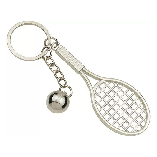 Tennis Racket | Racquet with Ball Sports | Silver Metal Keyring