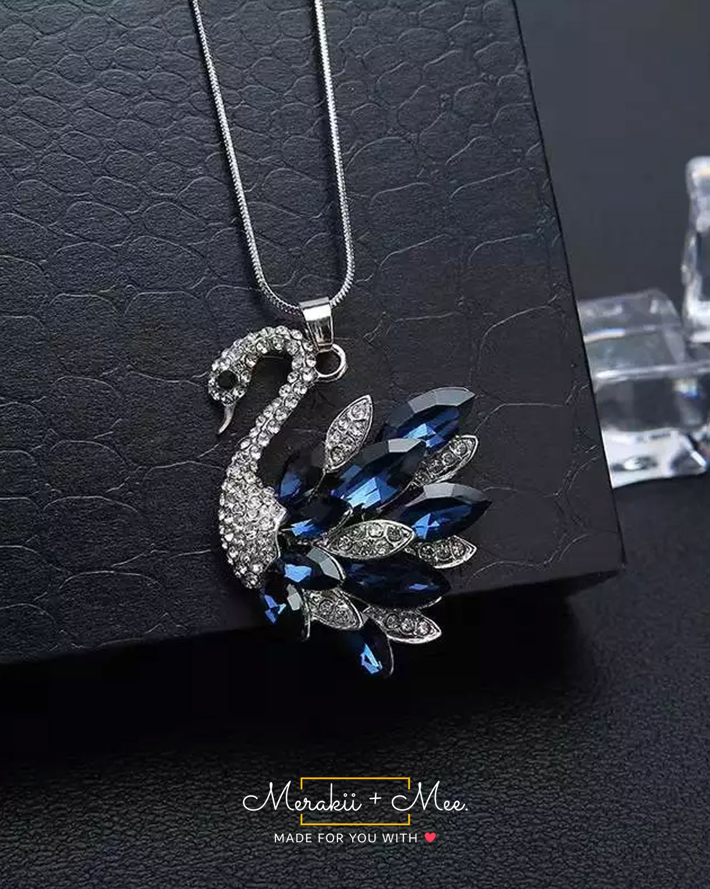 Swan Blue Crystal Pearl CZ American Diamond Long Chain Necklace