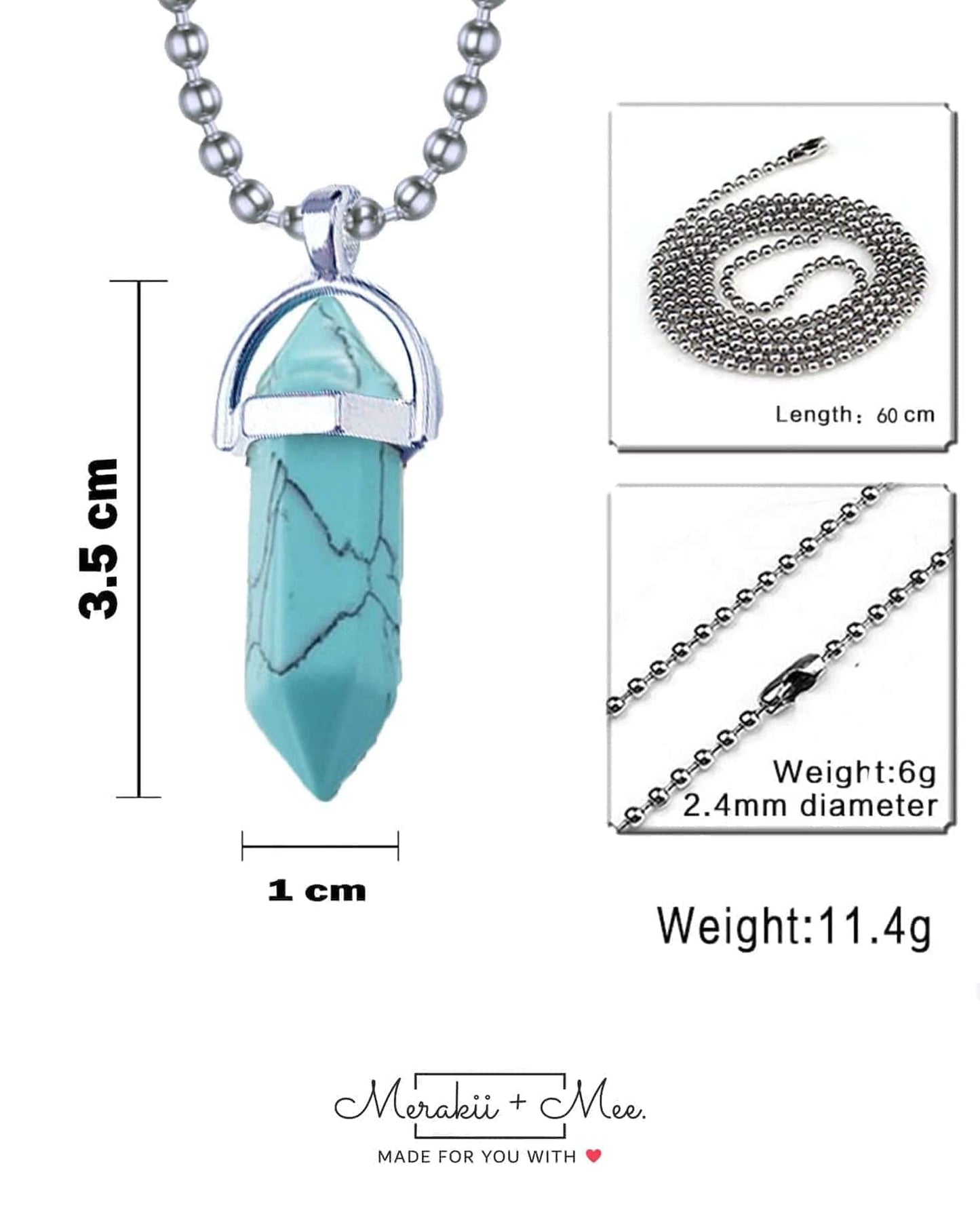 Bullet Pencil Blue Green Turquoise Crystal Pendant Chain