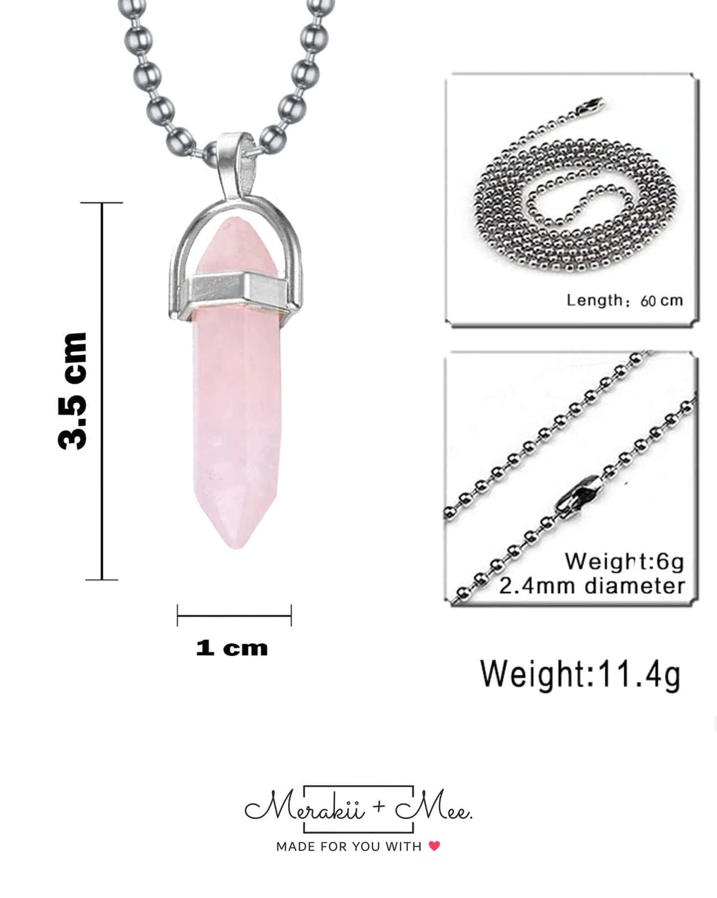 Bullet Pencil Natural Rose Pink Quartz Crystal Stone Pendant Chain Unisex