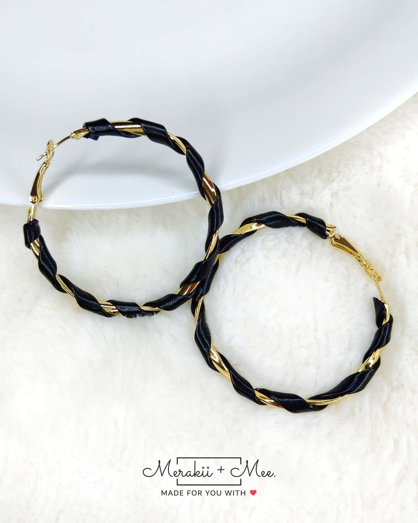 Black Leather Twister Hoop Earrings