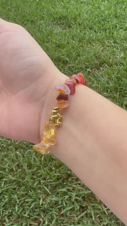 Citrine-Carnelian with Elephant Chip Bracelet for Energy, Protection and Wealth