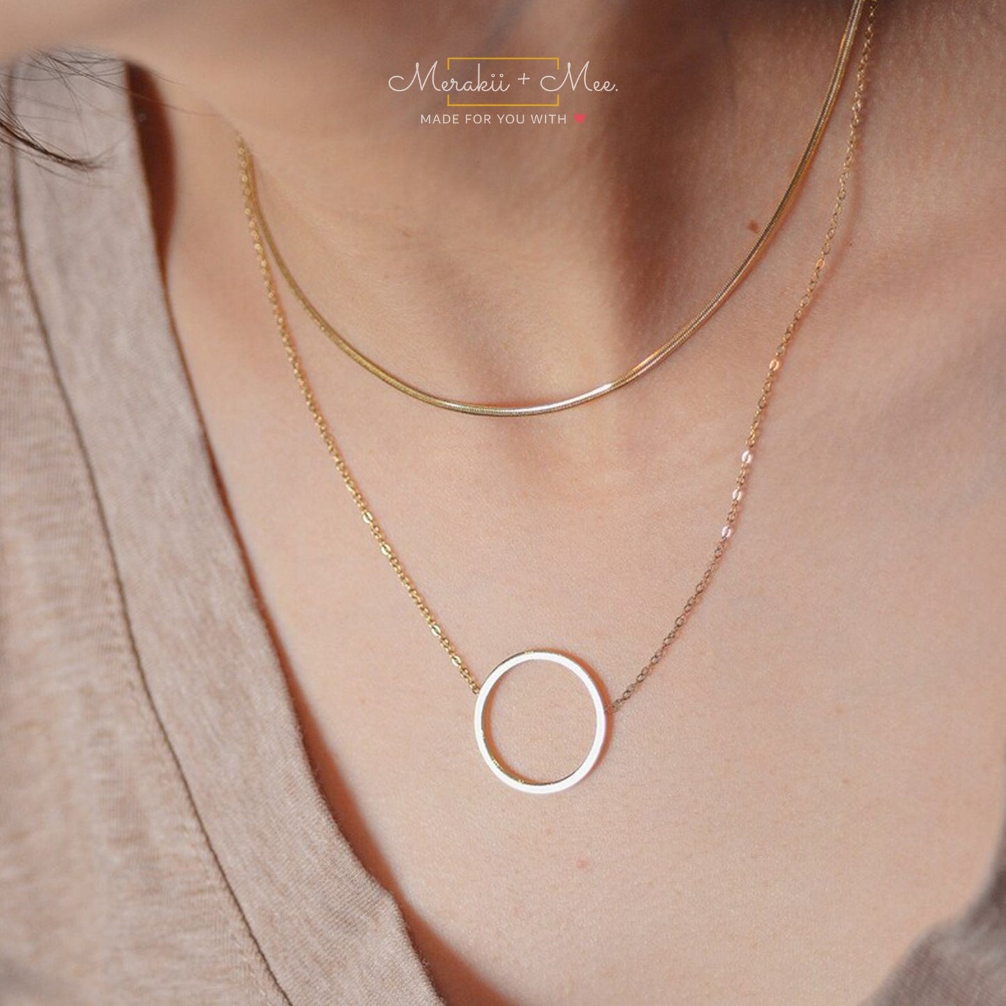 Eternity Circle Layered Necklace with thin Snake chain