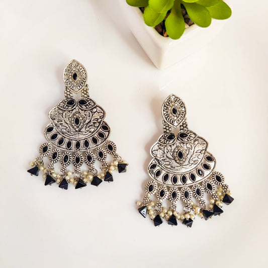 Elegant Chandelier Silver Oxidized Earrings (Black)