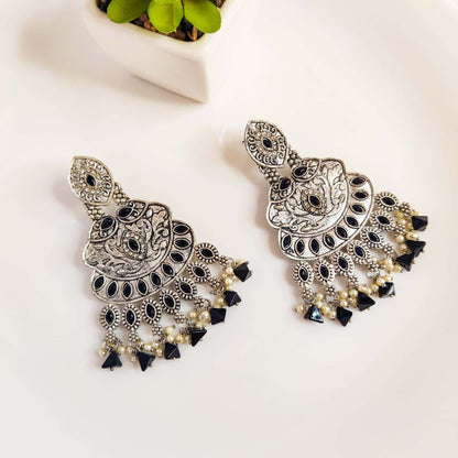 Elegant Chandelier Silver Oxidized Earrings (Black)