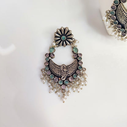 Silver Oxidised Pink & Blue Ethnic Earrings For Women & Girls