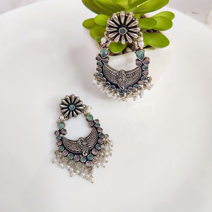 Silver Oxidised Pink & Blue Ethnic Earrings For Women & Girls