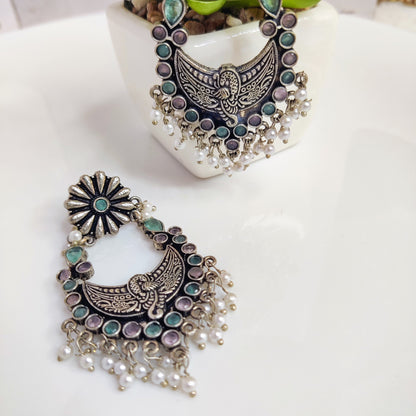 Silver Oxidised Pink & Blue Ethnic Earrings For Women & Girls