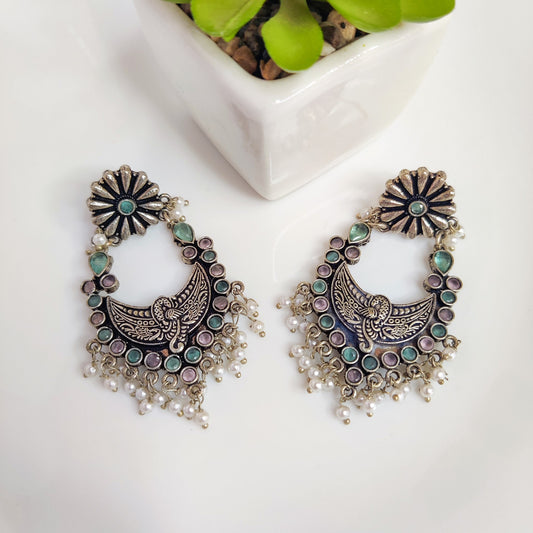 Silver Oxidised Pink & Blue Ethnic Earrings For Women & Girls