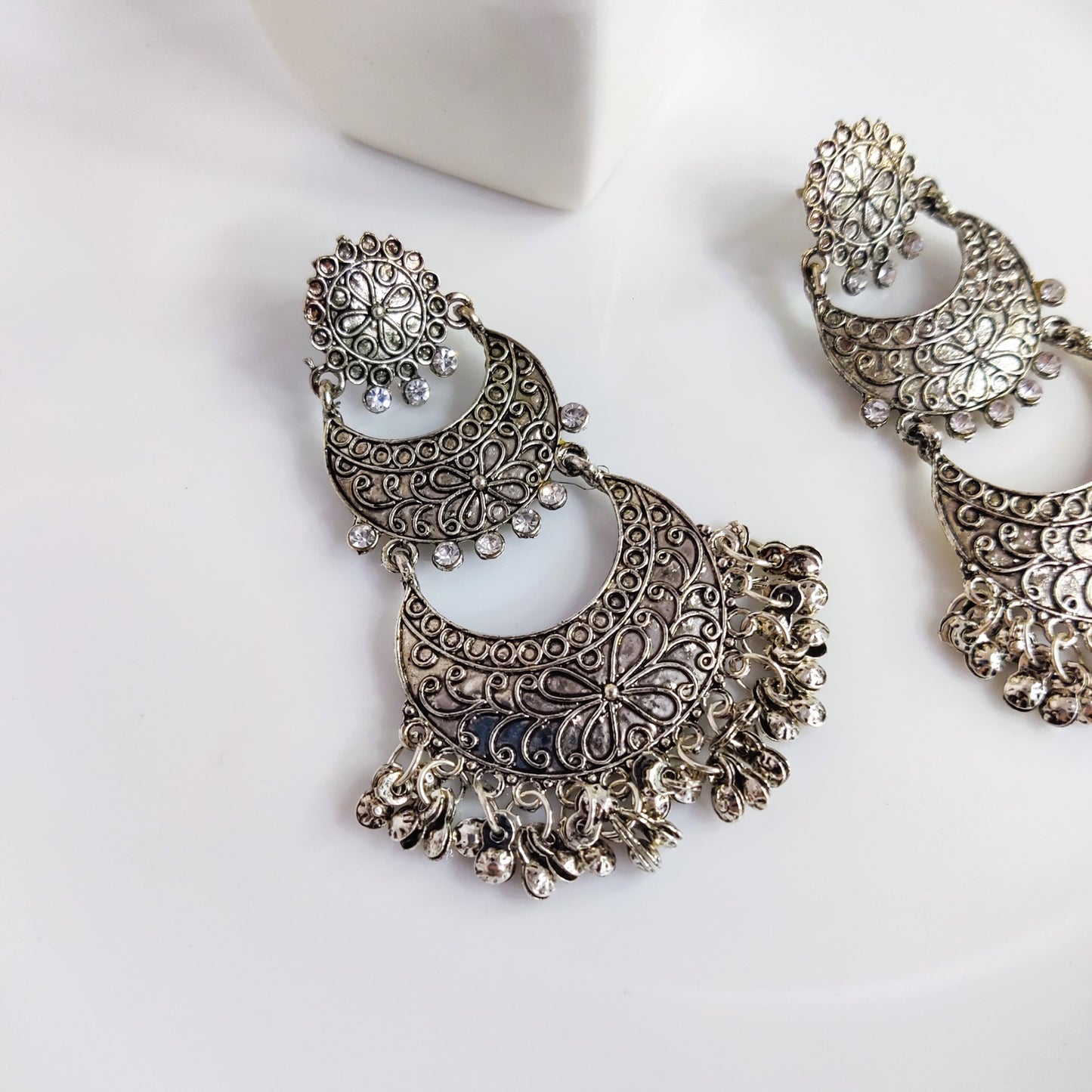 Silver Double Chand Earrings