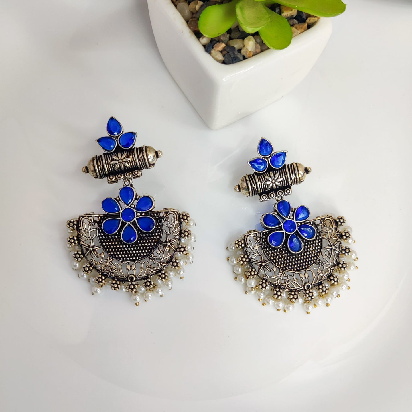 Traditional Style Oxidized Earrings With Blue Color Beads