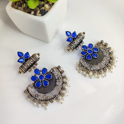 Traditional Style Oxidized Earrings With Blue Color Beads