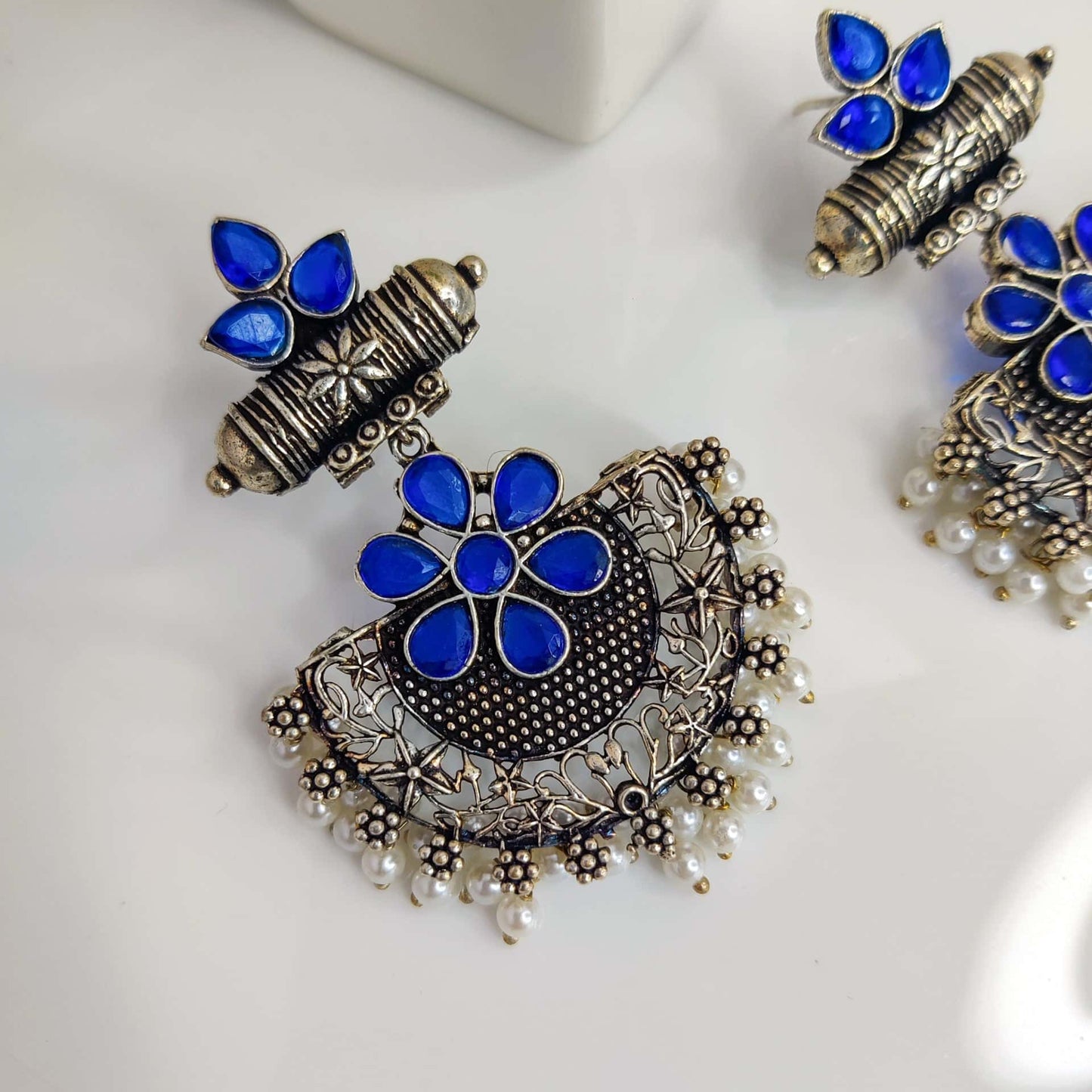 Traditional Style Oxidized Earrings With Blue Color Beads