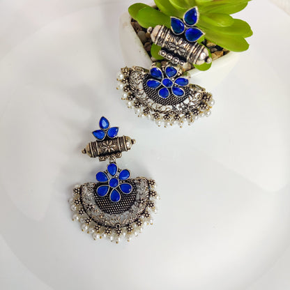 Traditional Style Oxidized Earrings With Blue Color Beads