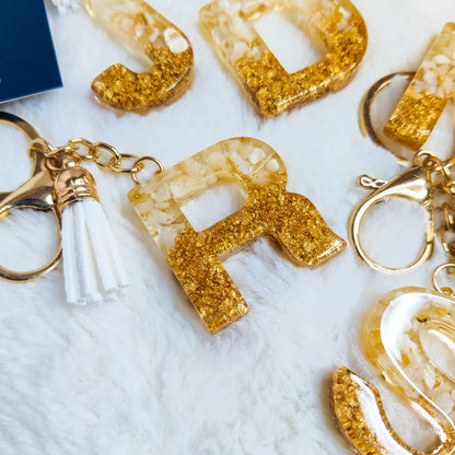 Premium Resin Art Initial Letter Keychains with Hook and Tassel (White)