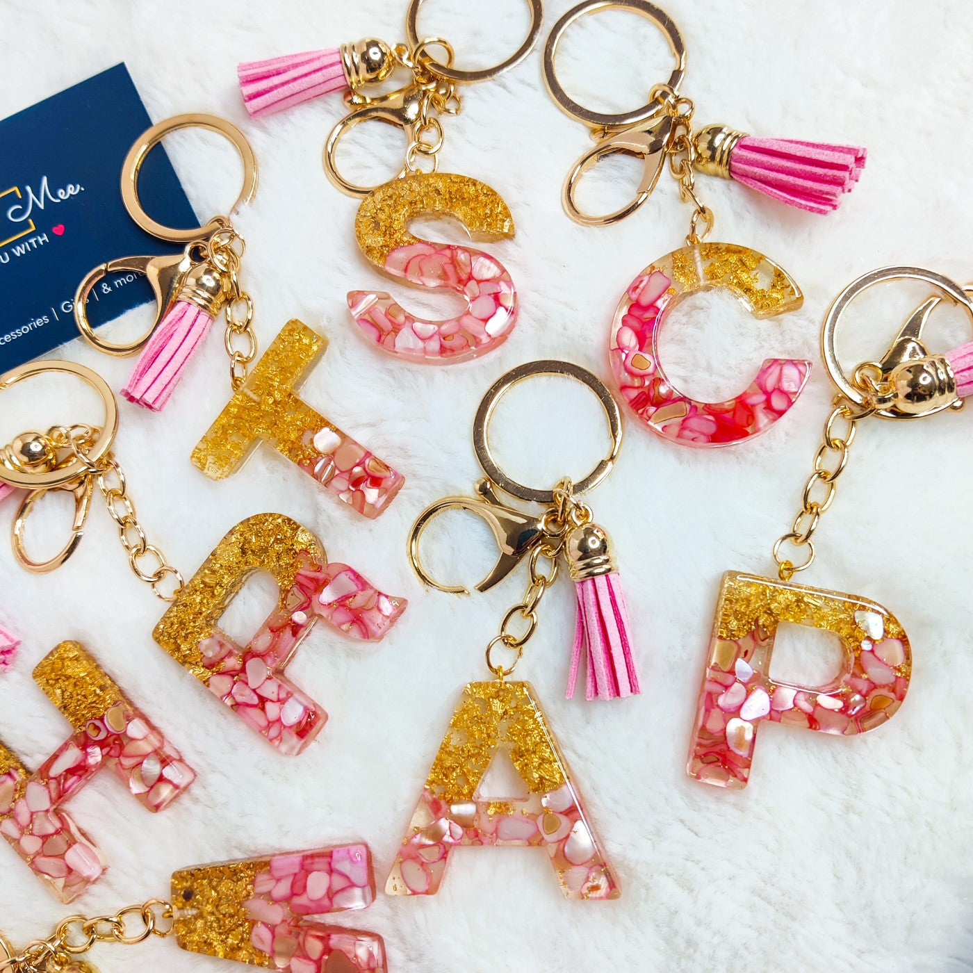 Premium Resin Art Initial Letter Keychains with Hook and Tassel (Pink)