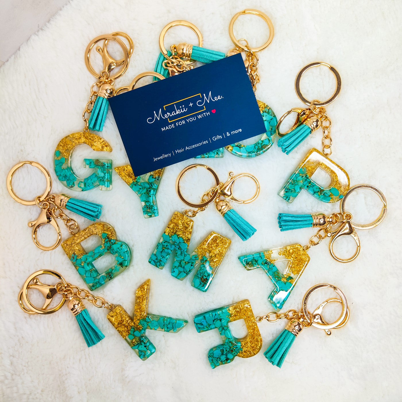 Premium Resin Art Initial Letter Keychains with Hook and Tassel