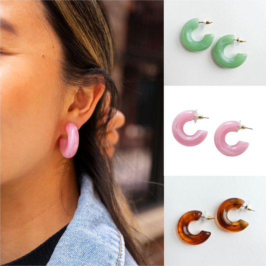 Chunky Resin Hoop Earrings for Women – Pink, Green & Amber | Merakii Mee