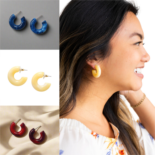 Chunky Resin Hoop Earrings for Women – Red, Navy Blue & Yellow | Merakii Mee