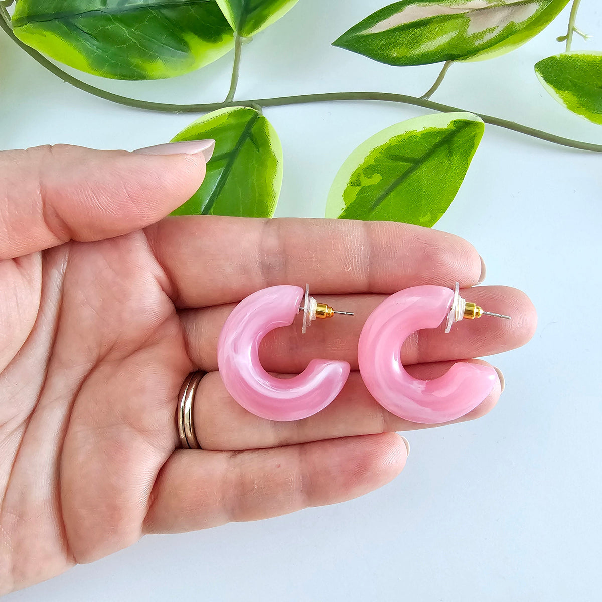 Chunky Resin Hoop Earrings for Women – Pink, Green & Amber | Merakii Mee