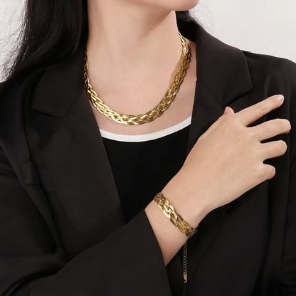 Gold braided chain necklace for women with interwoven rope-style links