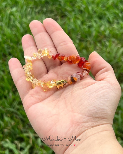 Citrine-Carnelian with Elephant Chip Bracelet for Energy, Protection and Wealth