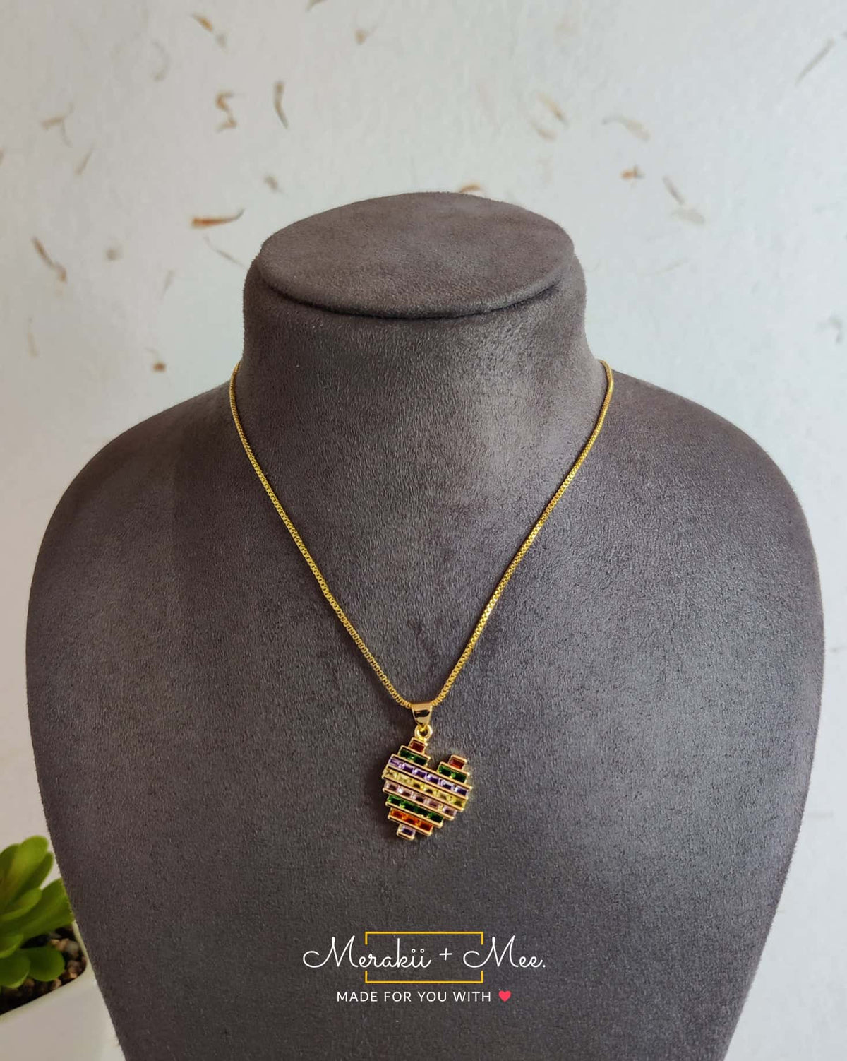 Rainbow Baguette Heart Necklace