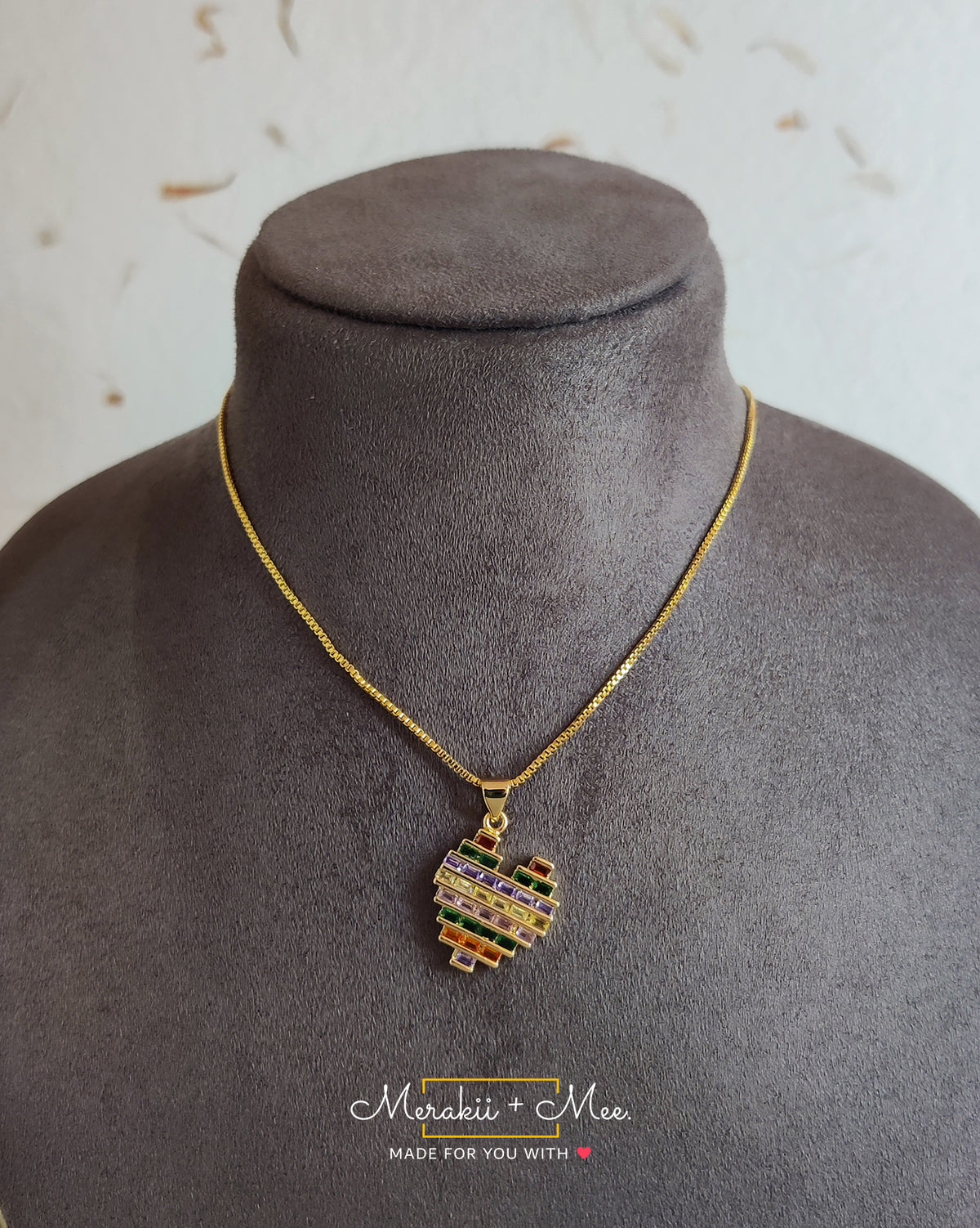 Rainbow Baguette Heart Necklace