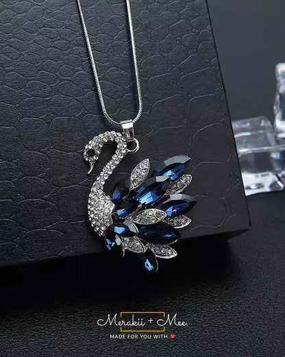 Swan Blue Crystal Pearl CZ American Diamond Long Chain Necklace