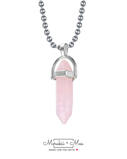 Bullet Pencil Natural Rose Pink Quartz Crystal Stone Pendant Chain Unisex