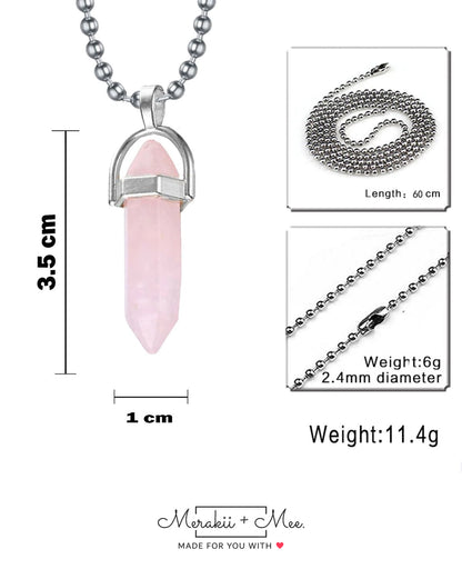 Bullet Pencil Natural Rose Pink Quartz Crystal Stone Pendant Chain Unisex