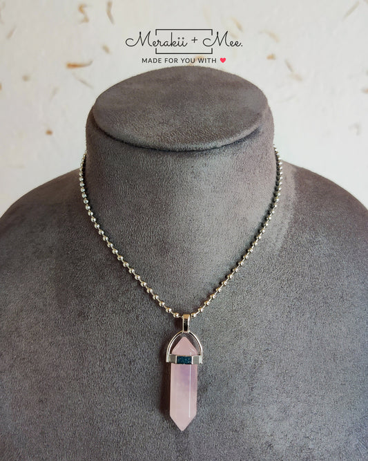 Bullet Pencil Natural Rose Pink Quartz Crystal Stone Pendant Chain Unisex