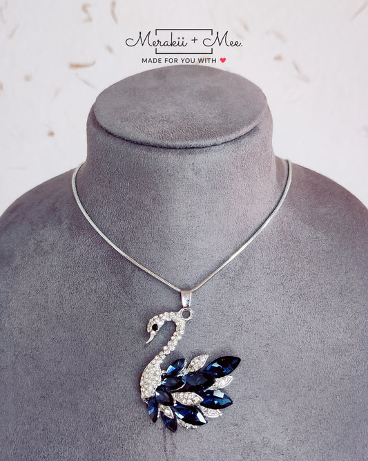 Swan Blue Crystal Pearl CZ American Diamond Long Chain Necklace