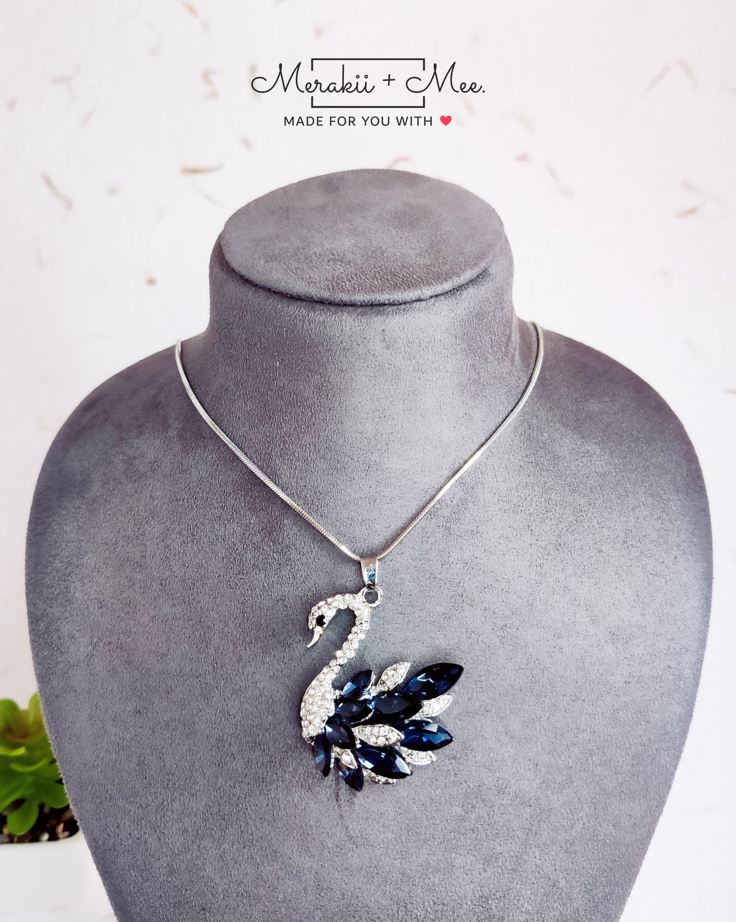 Swan Blue Crystal Pearl CZ American Diamond Long Chain Necklace
