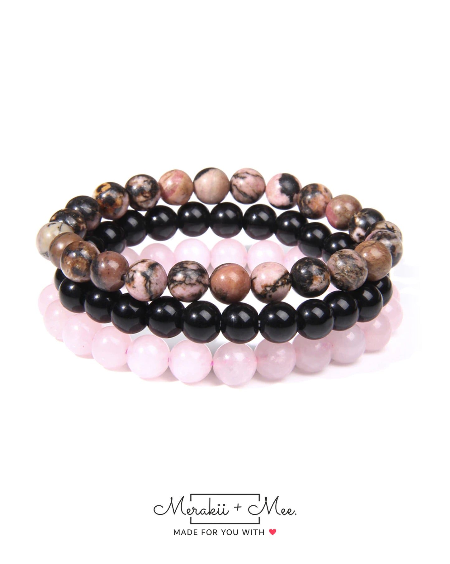 Rhodonite, Rose Quartz & Black Onyx Combo Set