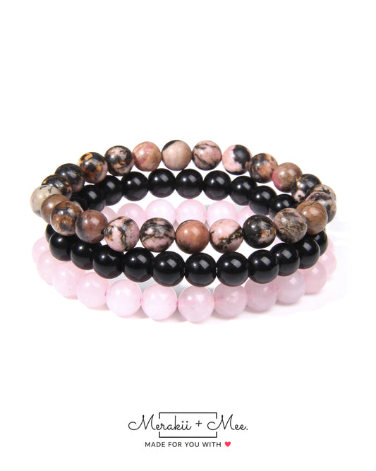Rhodonite, Rose Quartz & Black Onyx Combo Set