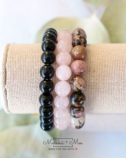 Rhodonite, Rose Quartz & Black Onyx Combo Set