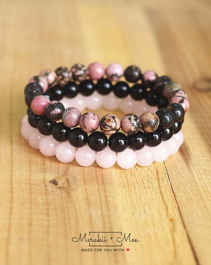 Rhodonite, Rose Quartz & Black Onyx Combo Set